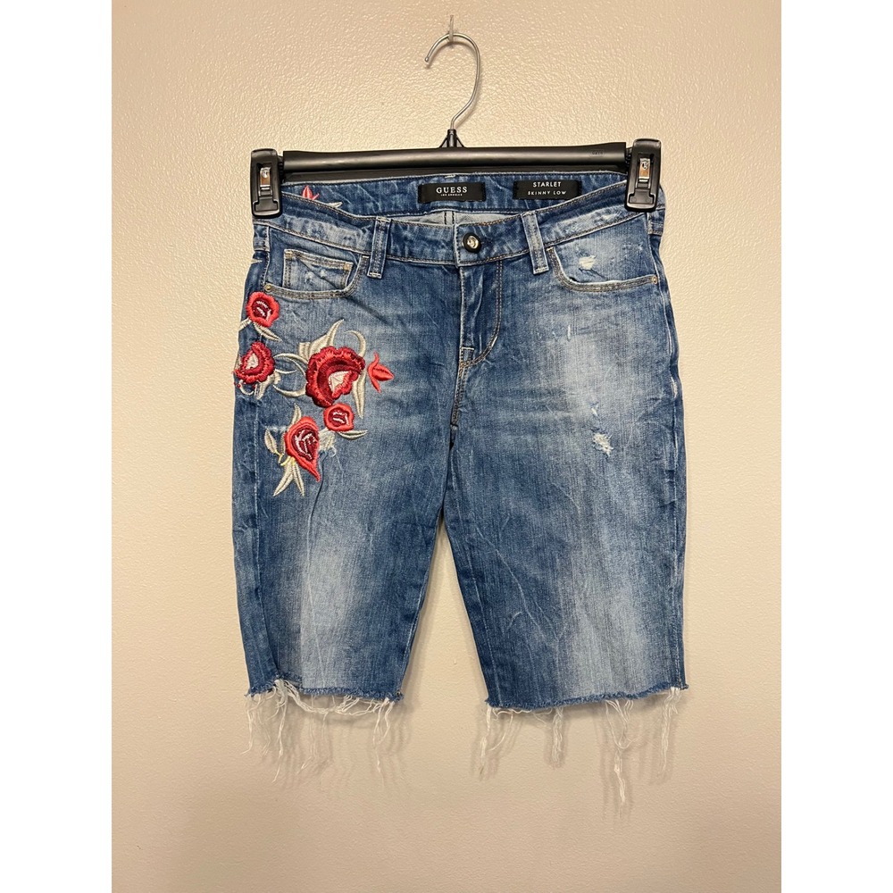 Guess Starlet Skinny Low Embroidered Floral Denim Shorts Medium Wash Size 25